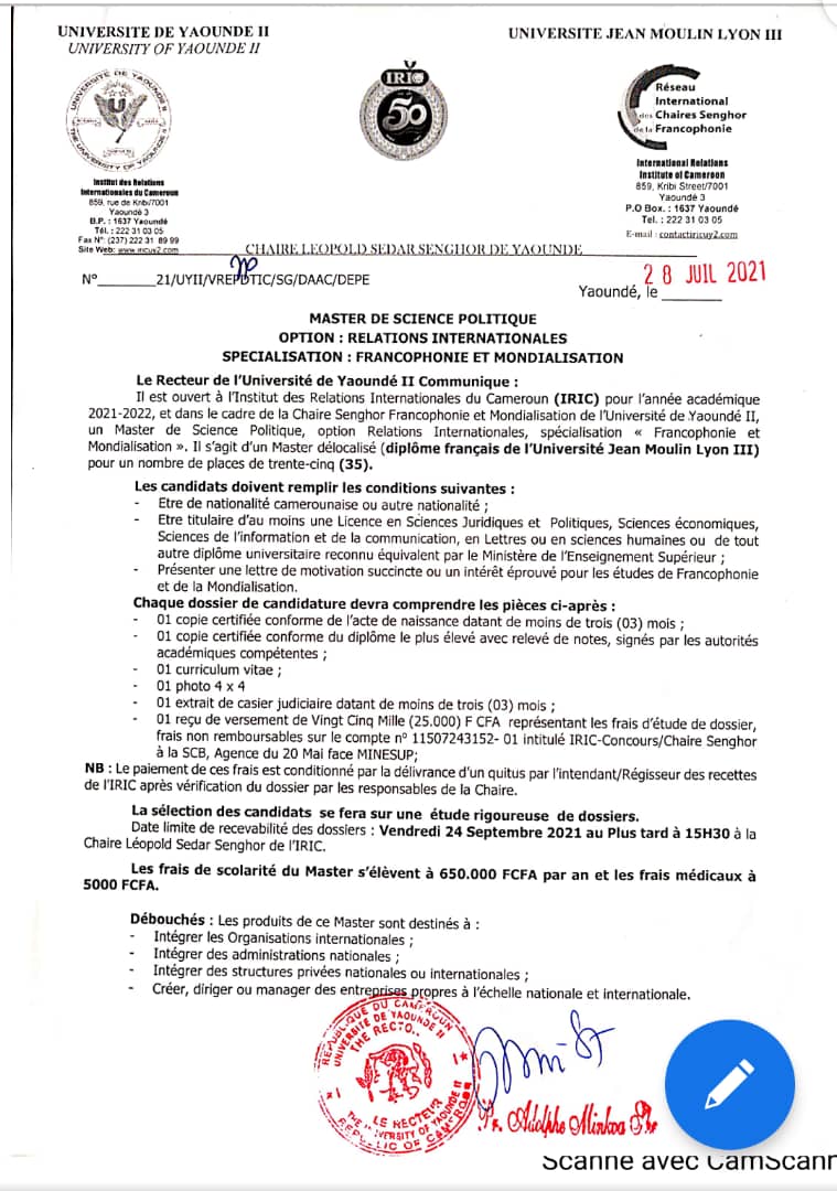 Master en Francophonie et Mondialisation (Diplôme de l’Université Jean Moulin de Lyon III)